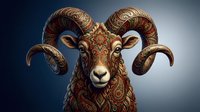 Ornate ram head with intricate golden patterns and curved horns on gradient background for mystical and decorative design projects.