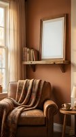 Cozy reading nook with brown leather armchair, knit throw blanket, wooden shelf displaying books and blank framed artwork, warm sunlight from window, interior design and home decor.