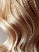 Flowing blonde wavy hair strands with highlights and lowlights creating dynamic movement and texture against neutral background for beauty and haircare advertising.