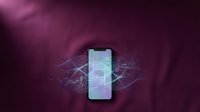 Smartphone displaying holographic digital network interface with glowing geometric patterns and light rays on dark purple background for technology and innovation concepts.