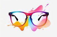 Stylish eyeglasses frame with vibrant gradient color splashes and paint splatters on white background, modern fashion accessory design element for optical stores.