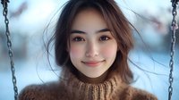 Young Asian woman with gentle smile wearing knit sweater on swing outdoors in winter. Soft bokeh background with snow creates dreamy atmosphere. Natural beauty portrait.