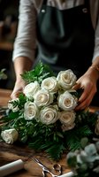Female florist in green apron arranging pure white roses bouquet on wooden table with greenery and floristry tools. Professional floral design workspace.