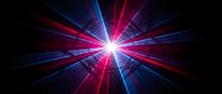 Bright starburst light rays in red and blue colors radiating from center on dark background, suitable for technology and digital design projects.