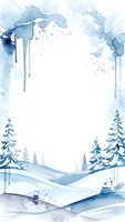Watercolor winter landscape frame with snow-covered pine trees and flowing blue paint drips on white background for seasonal greeting cards and invitations.