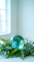 Green earth globe surrounded by miniature renewable energy models and ferns representing sustainable development and environmental conservation concept.