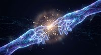 Digital wireframe hands reaching toward each other with glowing connection point, representing human-AI collaboration, technology partnership and innovation.