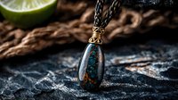 Handcrafted copper wire wrapped stone pendant necklace on dark textured surface with lime slice accent for bohemian jewelry design and artisan accessories.