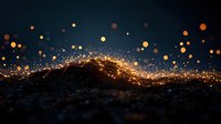 Glowing golden wave of light particles and bokeh effects on dark background creates magical atmospheric composition for festive designs.