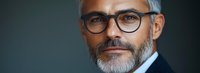 Confident mature Caucasian businessman with gray beard and stylish glasses in dark suit against black background, professional corporate portrait.