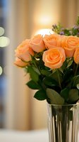 Peach-colored roses in crystal vase against soft bokeh background, fresh green leaves and delicate flower buds create romantic atmosphere for celebrations.
