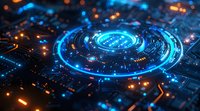Futuristic circular interface with glowing blue holographic elements and orange light effects on digital circuit background, representing advanced technology.
