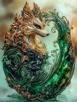 Mystical fox spirit emerging from swirling emerald waves and golden baroque ornaments, featuring intricate decorative details and flowing artistic elements in fantasy style.