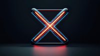 Glowing neon letter X with metallic tubes and red-blue illumination on dark background, modern futuristic alphabet symbol for technology design concepts.