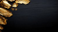 Gold nuggets scattered on dark black background, creating luxury contrast composition with copy space for text. Raw precious metal pieces arranged asymmetrically.