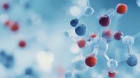 Molecular structure with red and blue atoms connected by silver bonds on soft blue background, representing scientific research in chemistry or biology.