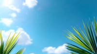 Tropical palm leaves against bright blue sky with white fluffy clouds creating natural summer vacation paradise atmosphere for travel and relaxation concepts.