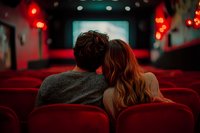 Romantic couple sitting close together in empty movie theater with red seats, viewing screen in dark cinema hall with ambient lighting and bokeh effects.