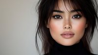 Young Asian woman with natural makeup, dark hair with bangs, and black turtleneck sweater against neutral background, looking directly at camera with confident expression.