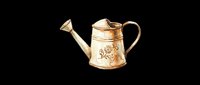 Vintage brass watering can with decorative floral details and long spout, isolated on transparent background. Ready for clipart, t-shirt design, print-on-demand, stickers, and sublimation projects.