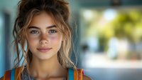 Young Caucasian woman with messy updo hairstyle and natural makeup smiling at camera, wearing blue straps, soft bokeh background, authentic lifestyle portrait.