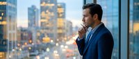 Professional businessman in suit talking on phone by office window overlooking illuminated city skyline at dusk for corporate communications concept.