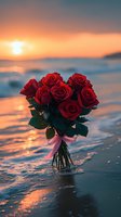 Red rose bouquet with pink ribbon standing in ocean water at sunset, golden sun reflection on waves creates romantic atmosphere for Valentine's Day or wedding proposal.