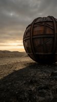 Massive rusty spherical metal structure abandoned in barren desert landscape under dramatic cloudy sky at sunset, conveying desolation and industrial decay.