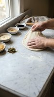 Hands kneading dough on marble counter with spices and seeds in bowls by window for homemade bread baking in rustic kitchen setting.