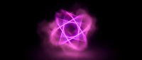 Glowing magenta atomic structure with neon lines and particle effects on dark background, suitable for science, technology, and education designs.