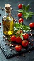 Fresh cherry tomatoes with basil leaves and olive oil bottle on dark slate board with peppercorns for culinary and cooking projects.