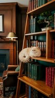 Fluffy Persian cat relaxing on wooden library ladder among classic books in cozy home study with fireplace and bonsai tree for reading and learning concepts.