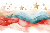 Watercolor abstract waves in red, teal, and gold with scattered glittering stars creating festive holiday background for greeting cards and celebrations.