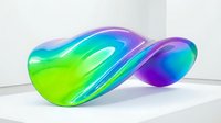 Modern abstract glass sculpture with vibrant gradient colors from green to purple and blue, contemporary art piece for interior design and decoration.
