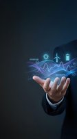 Businessman hand presenting holographic renewable energy icons with glowing data waves and efficiency metrics for sustainable technology solutions.