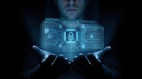 Male cybersecurity professional holding digital holographic interface with padlock and network security icons, representing data protection and encryption technology for business solutions.