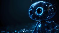 Glowing blue robot with luminous circular eyes against dark background, creating futuristic atmosphere with bokeh light effects and digital technology aesthetic.