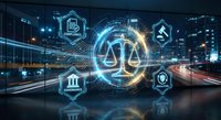 Digital justice scales with glowing legal technology icons floating over blurred city night traffic representing modern law firm automation and legal tech solutions.