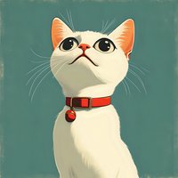 White cat with orange ears and big curious eyes wearing red collar looking up against teal background, vintage style illustration with textured effect.