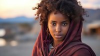 Portrait of young African woman with curly hair wearing burgundy headscarf against blurred sunset background, conveying strength and dignity.