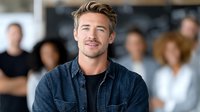 Confident young Caucasian businessman smiling in modern office with diverse team in background. Professional corporate leadership and teamwork concept.