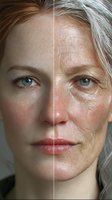 Comparison of young and aging skin showing contrast between smooth complexion and natural wrinkles on female face with blue eyes and neutral expression.