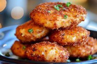 Crispy breaded potato cakes garnished with fresh herbs on dark plate, golden brown crust and fluffy interior, bokeh background lighting creates warm ambiance.