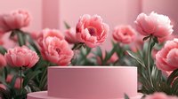 Pink cylindrical podium surrounded by blooming coral peonies with green stems against soft pink background for product display and branding presentations.