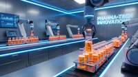 Futuristic pharmaceutical manufacturing facility with robotic arms handling orange medicine bottles on automated conveyor belt in high-tech laboratory setting.