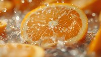 Fresh orange slice with water splashes and droplets in dynamic motion, macro photography with soft bokeh effect perfect for juice advertising and healthy lifestyle promotion.