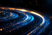 Abstract glowing blue and gold light trails creating spiral pattern against dark background with bokeh effect and shimmering particles. For technology backgrounds.