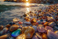 Colorful wet pebbles on beach shore at golden sunset with sun reflection on water surface creating magical bokeh and light sparkles through waves.