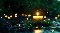 Glowing golden candle with evergreen branches on reflective surface against dark background with magical bokeh lights and sparkles for holiday season.