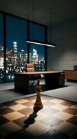 Modern executive office with wooden chess piece on checkered floor, sleek black desk, tan leather chair, linear pendant light, concrete walls, and panoramic city skyline view at dusk for corporate design.